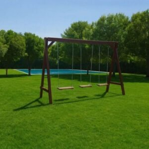 Pórtico con 3 hamacas clásicas de madera y cadenas zincadas